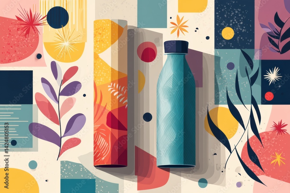 Poster fitness mat and bottle arranged in a flat design with bright abstract forms ideal for workout settin