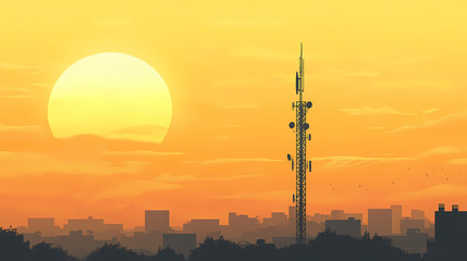 A telecommunications tower rises above a calm city. Heavens Tower. Illustration