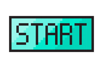 Start icon pixel. Cyan gradient button. Bold start text. Vector retro interface.