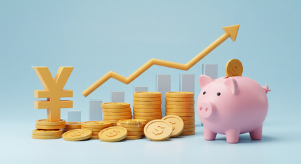 Growing Yen Investments Piggy Bank Coins Upward Trend 3D Render Financial Growth