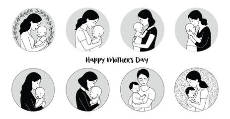 Fototapeta premium Celebrate Motherhood with Grace Inspiring Silhouette Illustrations for Mother's Day. white background