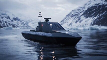 Futuristic military boat on icy water