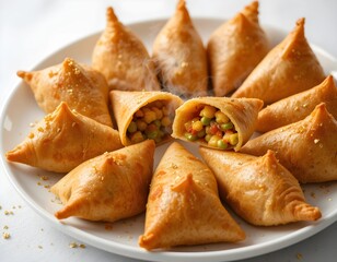 A plate of golden-brown samosas, arranged in a circle, with one samosa cut open to reveal a colorful vegetable filling.
