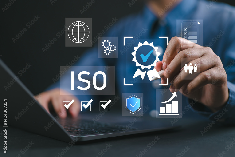 Aufkleber iso certification and quality management concept. businessman reviewing iso certification standards 