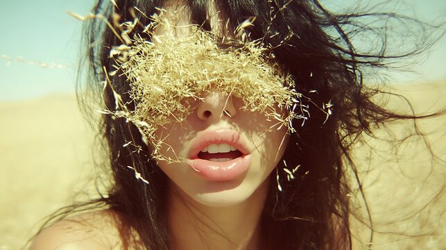 Windy day, desert scene, woman's face partially obscured by grass