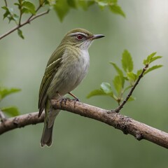 A Rodrigues Warbler perched on a simple twig A small bird perched on a branch amidst green leaves, showcasing its delicate features