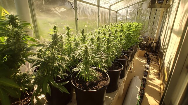 Sunlit Greenhouse with Cannabis Plants, A sunlit greenhouse filled with rows of cannabis plants in black pots