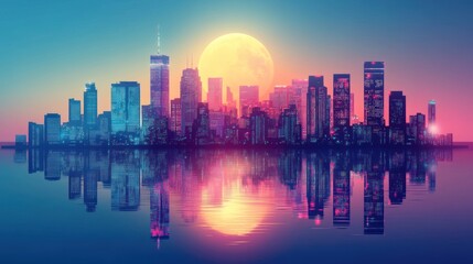 Fototapeta premium Cityscape at Dusk: A Mesmerizing Reflection of Urban Life under a Giant Moon