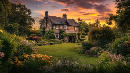 Obraz premium Charming countryside house surrounded by vibrant gardens at sunset, a peaceful retreat in nature’s beauty.