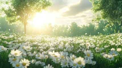 Serene Sunset Meadow: A Field of Daisies Bathed in Golden Sunlight