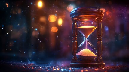 Mystical Glowing Hourglass with Golden Sand, A glowing hourglass with golden sand in a mystical, colorful setting