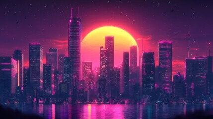 Fototapeta premium Retro Cityscape at Sunset: Neon Lights and Giant Sun