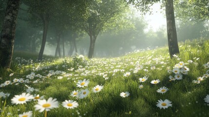 Serene Daisy Field in Misty Forest: A digital artwork depicting