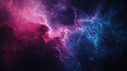 Fototapeta premium Vibrant cosmic clouds in shades of pink and blue fill the night sky with stars and galactic wonder, a majestic view of the universe.