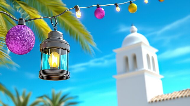 Festive Lantern and String Lights Adorn Palm Trees Near White Building