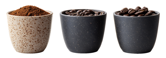 Three speckled cups holding coffee grounds and roasted beans isolated on white