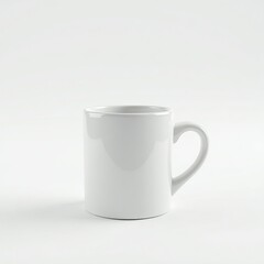 A simple, white ceramic mug with a curved handle, set against a clean, minimalist background.