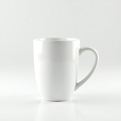 Obraz premium A sleek, minimalist white ceramic mug on a soft reflective surface, ideal for coffee or tea.