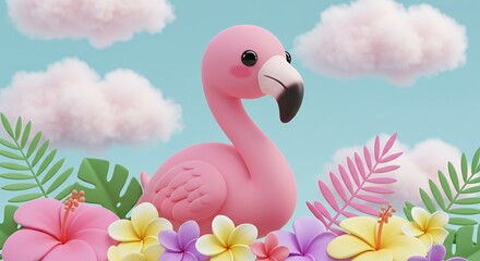 Obraz premium Delightful Cartoon Flamingo Surrounded by Tropical Blooms in Pastel Palette 3D Render