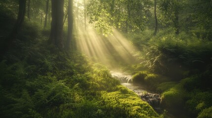 Obraz premium Serene Forest Scene with Sunlight and a Gentle Stream Flowing Through Lush Greenery and Ferns