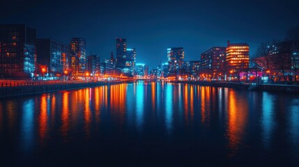 Fototapeta premium Night Cityscape Reflection: Vibrant Urban Nightscape