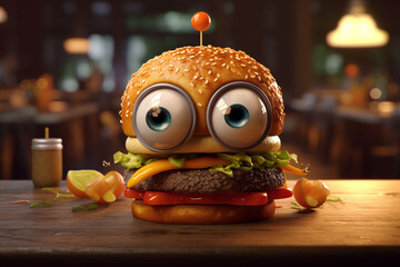 cartoon hamburger with big, expressive eyes. Fun food character perfect for kids' menus, fast food branding, or playful design projects.