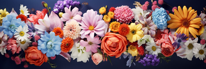 Vibrant floral arrangement with diverse colorful blooms on dark background. Banner with garland of bouquet for delivery service, flower shop