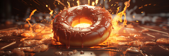 Banner Donut is surrounded by melted chocolate and is on fire. dramatic and intense mood. sweet caramel splash, Inferno pastry food