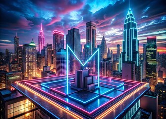 Fototapeta premium 3D Neon Rooftop Sign: Bright Urban Advertising Logo, Surreal Cityscape