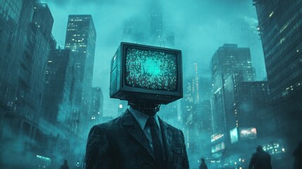 Cyberpunk Cityscape: Man with TV Head