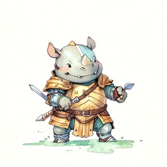 The Brave Little Rhino Knight: A Charming Digital Painting of a Cute Rhino in Golden Armor, Holding a Sword and a Small Object.
