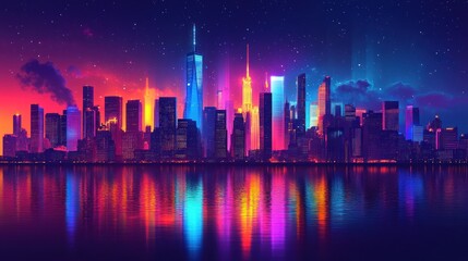 Neon Nightscape: A vibrant, colorful cityscape reflected in a tranquil body of water under a starry sky.