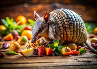 Obraz premium Adorable Armadillo Enjoying a Delicious Meal of Insects and Fruits