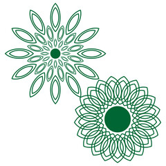 Mandala ornament pattern. Petal shaped decoration. Circular green vector. Repeating floral symbol.