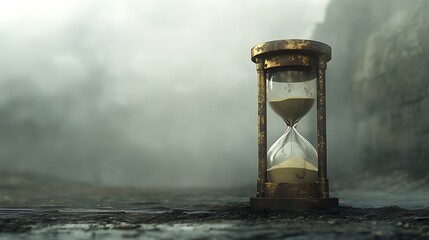 Weathered Hourglass on Misty Stone Surface, A weathered hourglass stands on a misty, ancient stone surface, symbolizing the passage of time