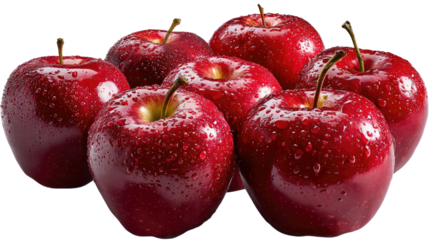 Red Delicious Apples:  A close-up shot of eight vibrant red delicious apples, each glistening with fresh water droplets, showcasing the luscious appeal and healthy allure of this popular fruit. 