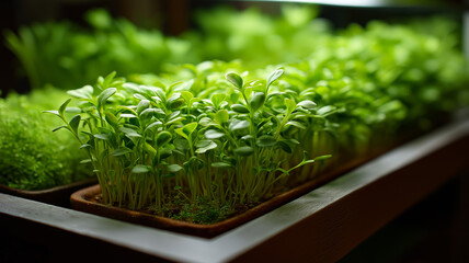 Microgreen farm in apartment bathroom shelf, humidity-loving greens thriving, soft diffused lighting, unexpected growing space, creative urban photo