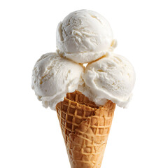 A vanilla ice cream cone piled high with three scoops of delicious, creamy ice cream. A perfect treat on a hot day, or anytime you need a sweet!