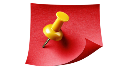 Red Note and Yellow Pin: A close-up shot of a bright red sticky note, held firmly in place by a cheerful yellow pin, conveys a message of simple organization and essential reminders.