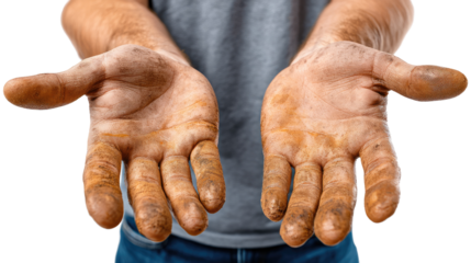 Hard-Working Hands: A close-up shot of a pair of rough, dirt-stained hands, a testament to a day of honest labor.  The grime tells a story of dedication, grit, and hands-on work.