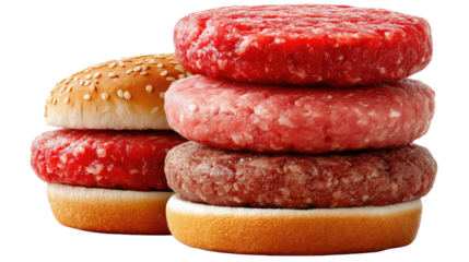 Raw Burger Elements: Stacked raw burger patties and a hamburger bun invite you to culinary delight. A close-up showcases textures, ready for cooking.