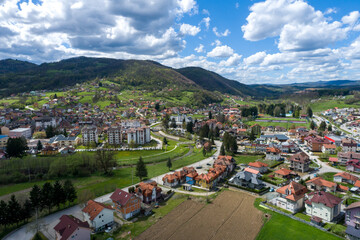 Kosjeric, aerial drone view of town in Serbia