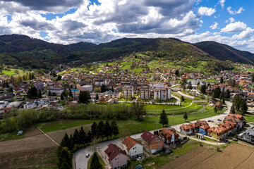 Kosjeric, aerial drone view of town in Serbia