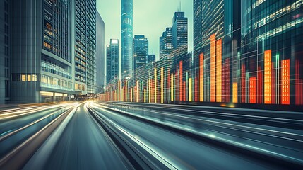 Fototapeta premium Dynamic cityscape with overlaid data visualization and blurred motion