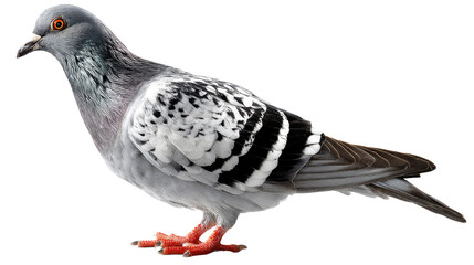 Urban Pigeon: A close-up, eye-level shot of a common city pigeon standing, showcasing the bird's detailed plumage and alert gaze.