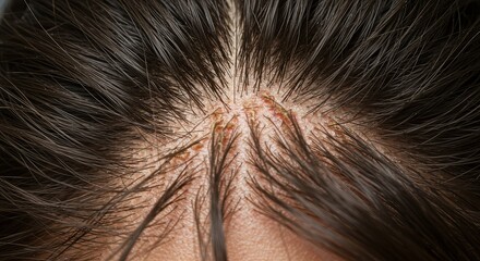 Closeup Of Human Scalp With Yellow Spots And Inflammation