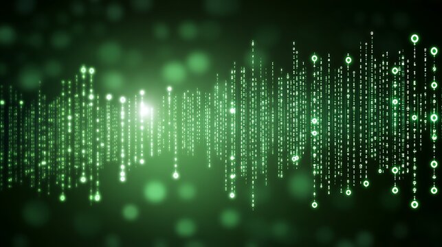 Illuminated binary code flow visualization over dark green bokeh backdrop