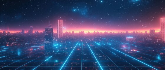Obraz premium Neon Cityscape: Retro Futuristic Metropolis at Sunset