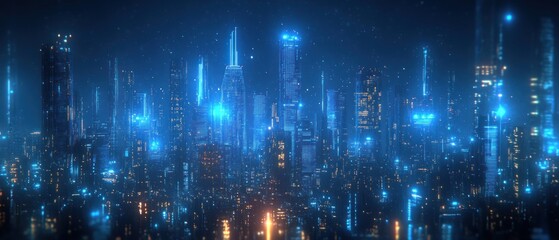 Fototapeta premium Futuristic City Nightscape: A Digital Metropolis Glowing Under a Starlit Sky