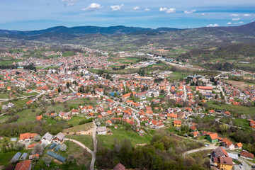 Kosjeric, aerial drone view of town in Serbia
